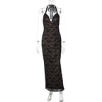 Damen Langes Spitzenkleid mit tiefem V-Ausschnitt und Halter-Design R&B