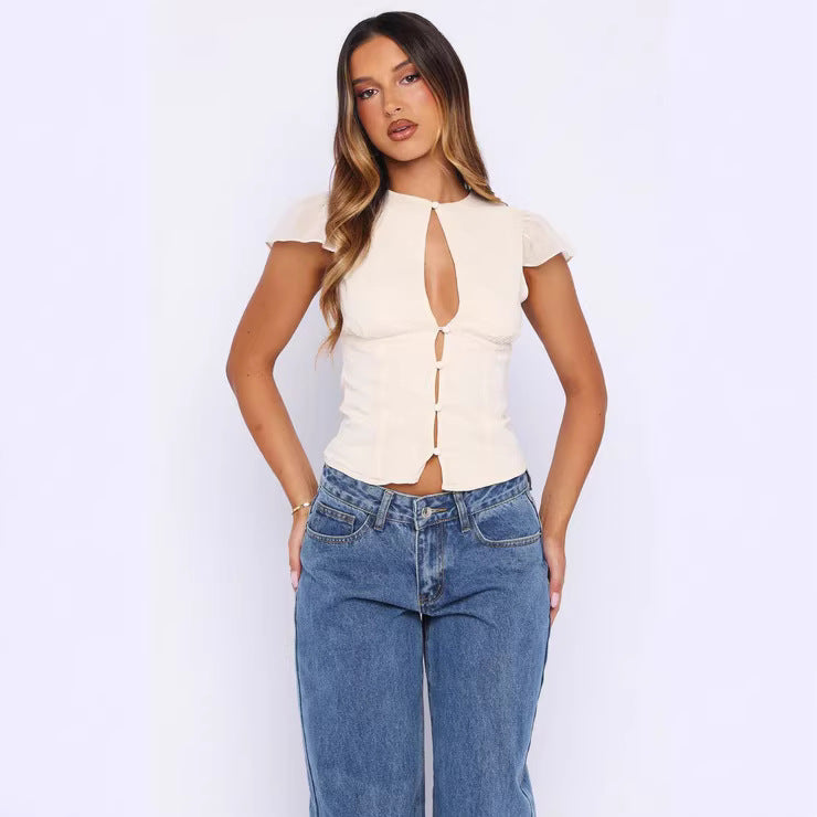 Damen Rüschenbluse mit Punktedesign und vorderer Knopföffnung R&B
