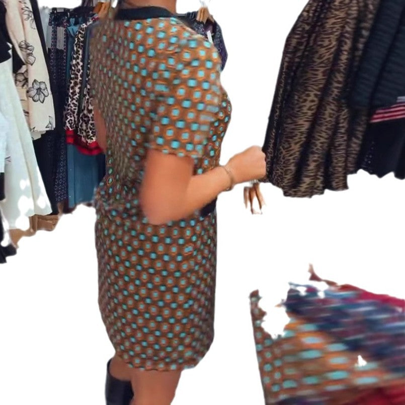 Damen nan Retro-A-Linien-Minikleid mit geometrischem Muster, Kontrastblende und Zier-Taschendetail R&B