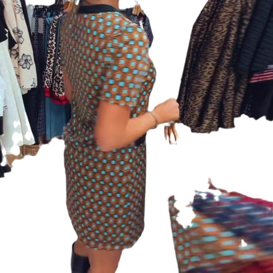 Damen nan Retro-A-Linien-Minikleid mit geometrischem Muster, Kontrastblende und Zier-Taschendetail R&B