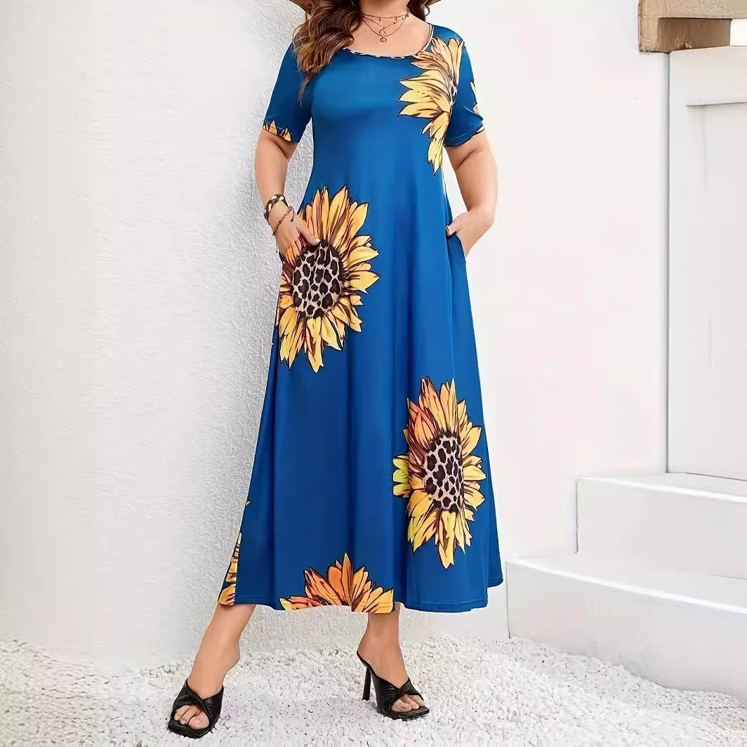 Damen Sommerliches Maxikleid mit floralem Sonnenblumenmuster und praktischen Taschen R&B