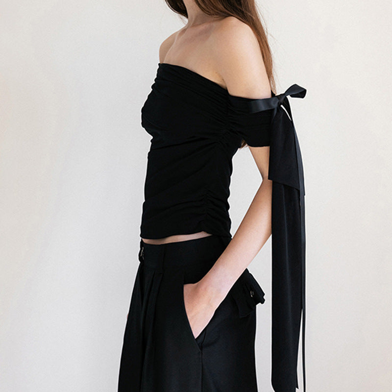 Damen Off-Shoulder Oberteil mit Rüschendetails und transparentem Ärmel R&B