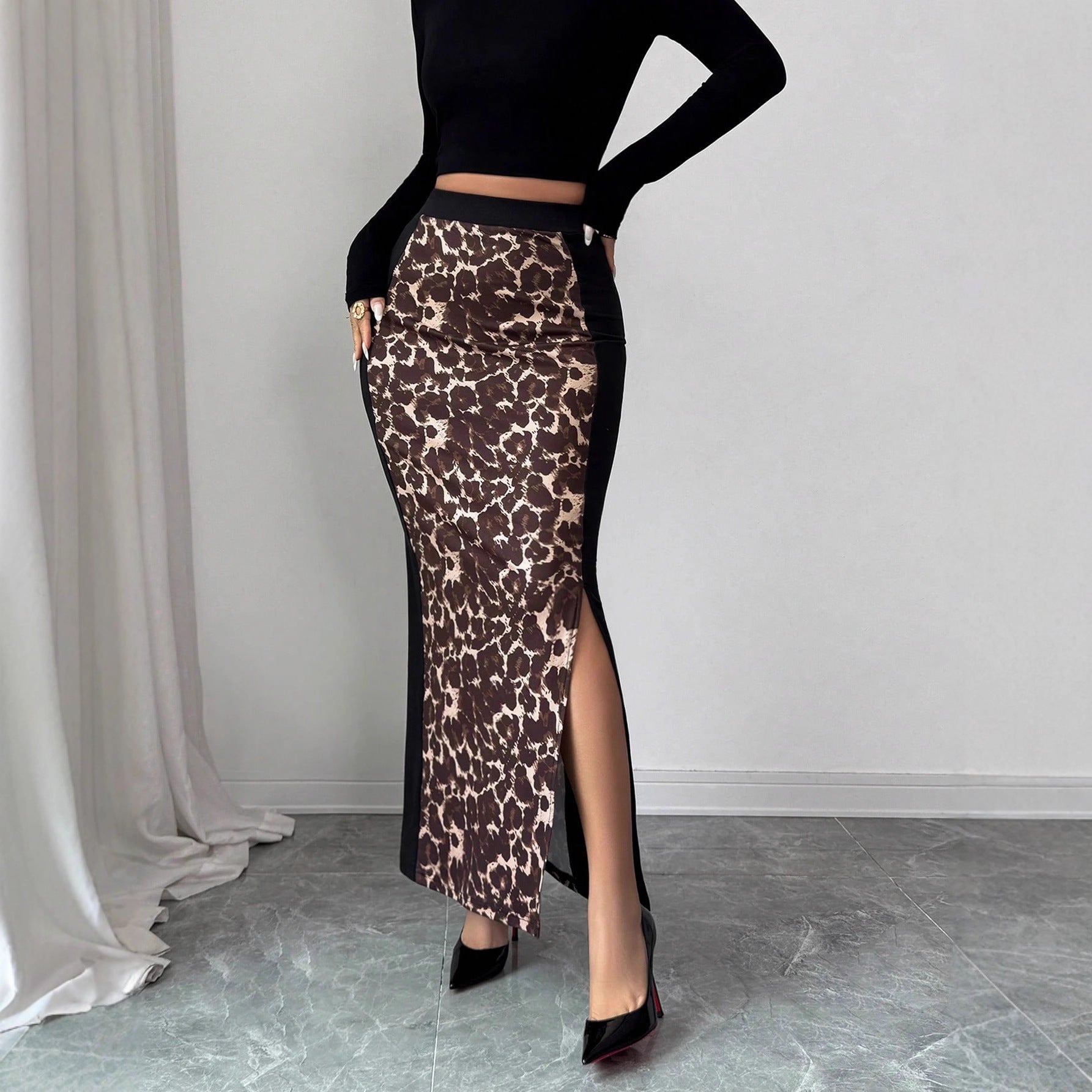 Damen nan taillierter Bleistiftmidirock mit Animal-Print-Mittelbahn und seitlichem Oberschenkel-Schlitz R&B