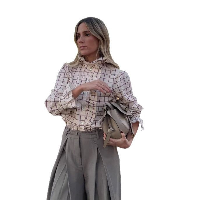 Damen Karobluse mit Rüschendetails und Knopfverschluss R&B