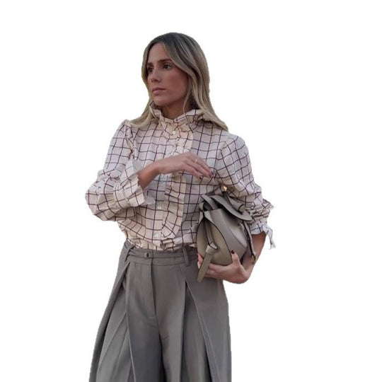 Damen Karobluse mit Rüschendetails und Knopfverschluss R&B