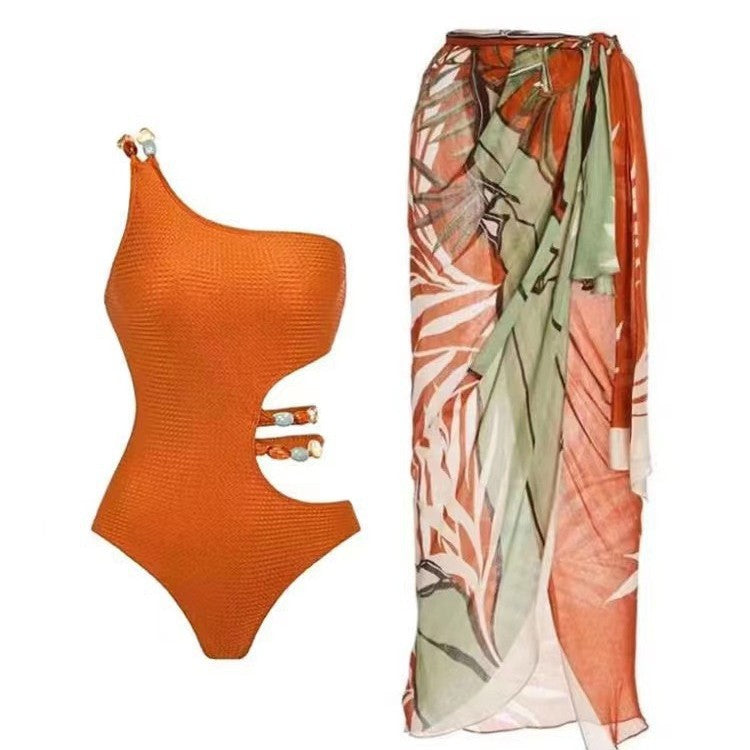 Damen Einteiler Badeanzug mit asymmetrischem Schnitt und floralem Wickelrock R&B