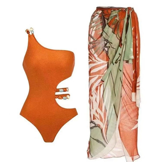 Damen Einteiler Badeanzug mit asymmetrischem Schnitt und floralem Wickelrock R&B