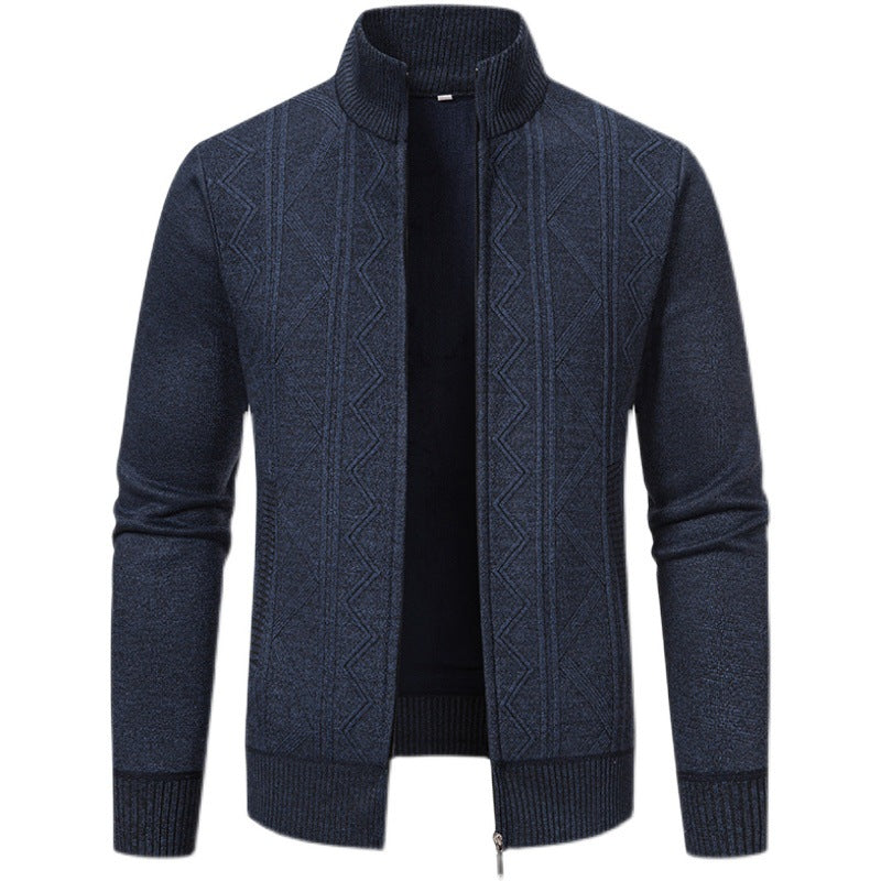 Herren elegante Strickjacke mit strukturiertem Zopfmuster und hohem Kragen R&B