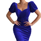 Damen figurbetontes Abendkleid mit Puffärmeln und Taillengürtel R&B