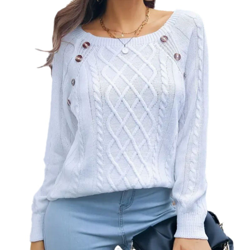 Damen eleganter Pullover mit Zopfmuster und dekorativen Knopfdetails R&B