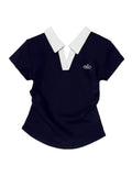 Damen nan kurzärmeliges Polo-Shirt mit offenem V-Ausschnitt, Hemdkragen und dezenter Logo-Stickerei R&B