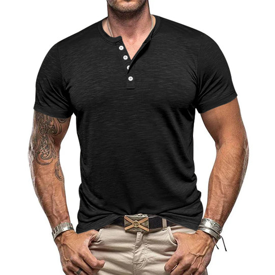 Herren nan athletisches Henley-T-Shirt aus strukturierter Slub-Baumwolle mit kurzer Knopfleiste R&B