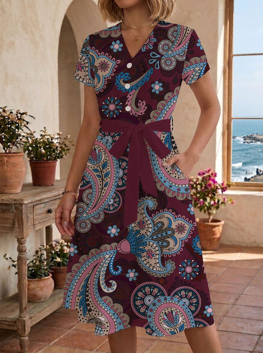 Damen lässiges Maxikleid mit taillierbarem Knoten und dekorativem Karomuster R&B