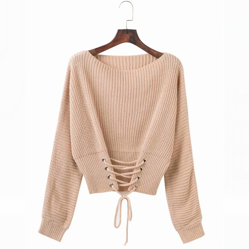 Damen Pullover mit tiefem Rückenausschnitt und dekorativen Schnürdetails R&B