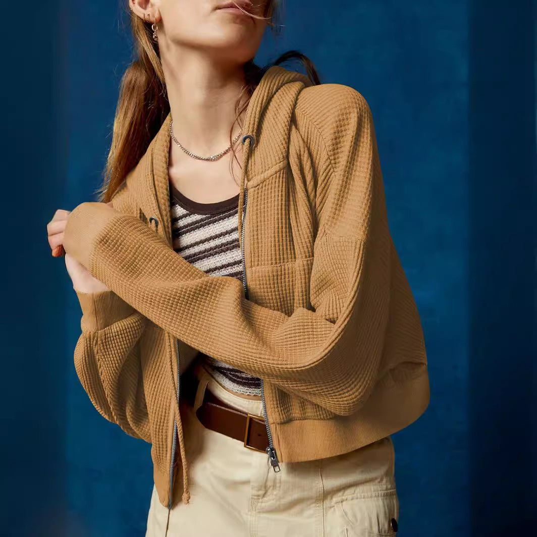 Damen lässiges Waffelstruktur-Zip-Hoodie mit weit geschnittenen Ärmeln R&B