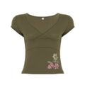 Damen figurbetontes Kurzarm-Shirt mit floralem Stickmuster R&B
