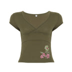 Damen figurbetontes Kurzarm-Shirt mit floralem Stickmuster R&B