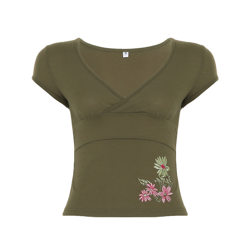 Damen figurbetontes Kurzarm-Shirt mit floralem Stickmuster R&B
