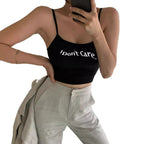 Damen Crop-Top mit kreativem Schriftzug und feinen Trägern R&B