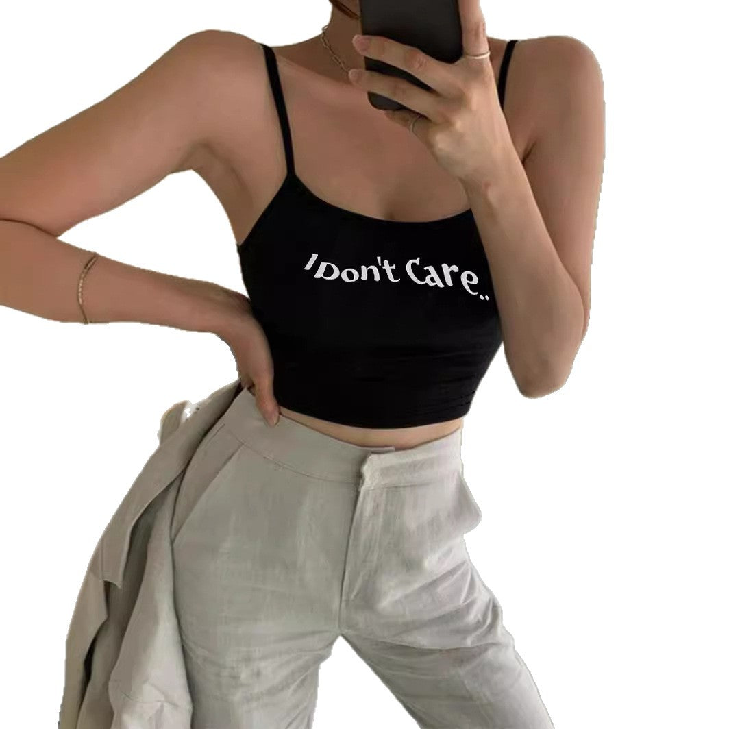 Damen Crop-Top mit kreativem Schriftzug und feinen Trägern R&B