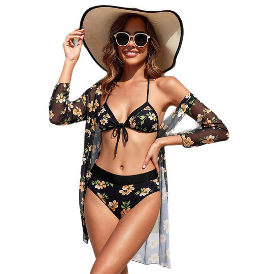 Damen Bikini-Set mit floralem Wickeloberteil und hochtailliertem Unterteil R&B