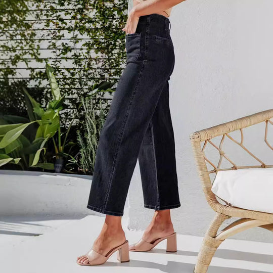 Damen High-Waist Jeans mit Knopfdetail und weitem Bein R&B