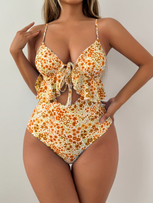 Damen Eleganter zweifarbiger Badeanzug mit Rüschendetail R&B