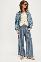 Damen weite gestreifte Sommerhose mit elastischem Bund und Taschen R&B