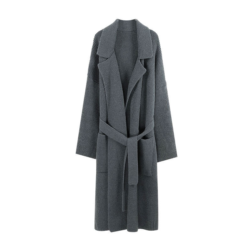 Damen Strickmantel mit Gürtel und breiten Revers R&B