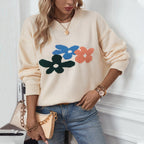 Damen lässiger Pullover mit floralen Motiven und Rundkragen