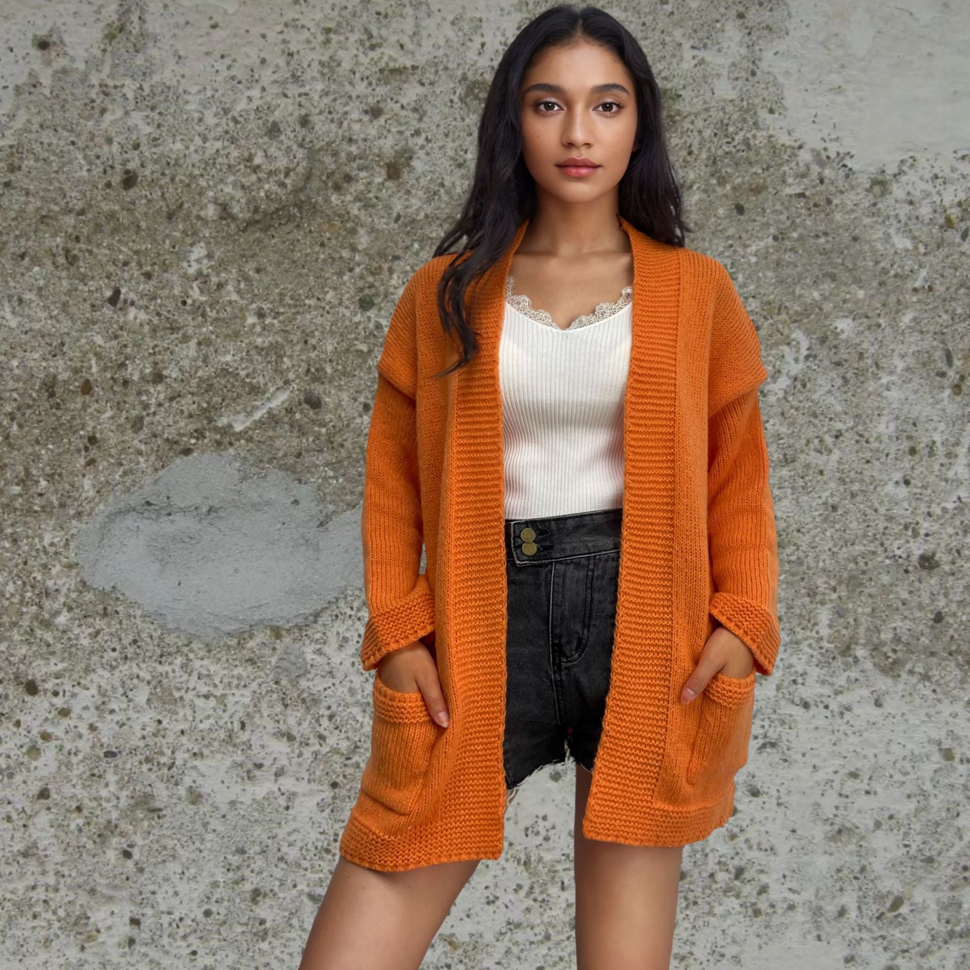 Damen Grobstrick-Cardigan mit offenen Taschen und lässigem Schnitt
