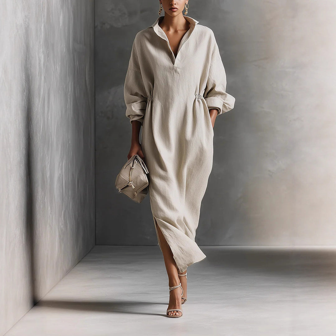Damen stilvolles Midikleid mit Bindegürtel und klassischem Kragen R&B