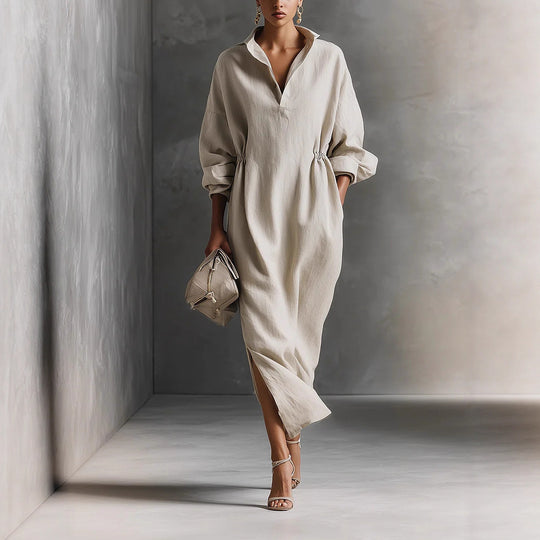 Damen stilvolles Midikleid mit Bindegürtel und klassischem Kragen R&B