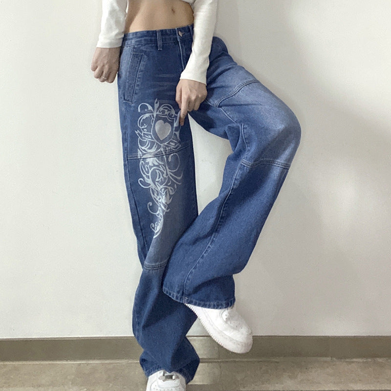 Damen weite Denim-Hose mit kunstvollem Druck R&B