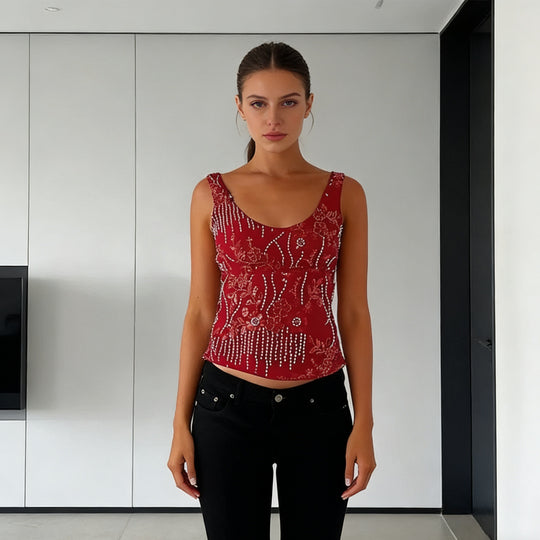 Damen Glamouröses Top mit funkelnden Stickereien und schmalen Trägern R&B
