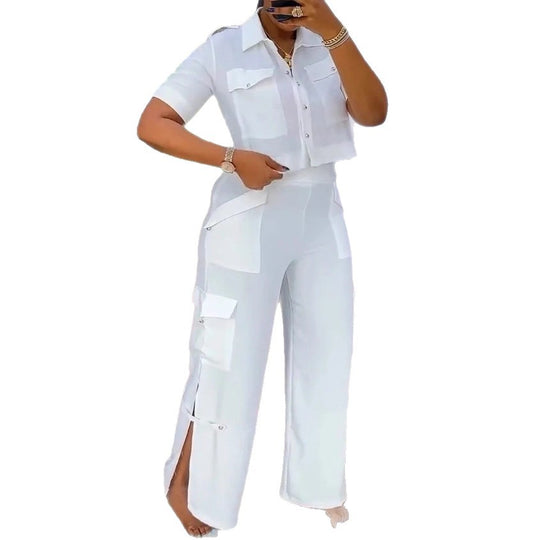 Damen nan zweiteiliges Hemd- und Cargo-Hosen-Set mit kurzem Oversize-Hemd, hoher Taille, weitem Bein und seitlichen Beinschlitzen R&B