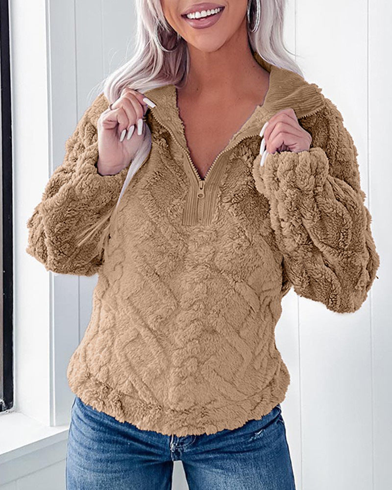 Damen Oversized Fleece-Pullover mit Stehkragen und Kunstpelz-Wabenstruktur R&B