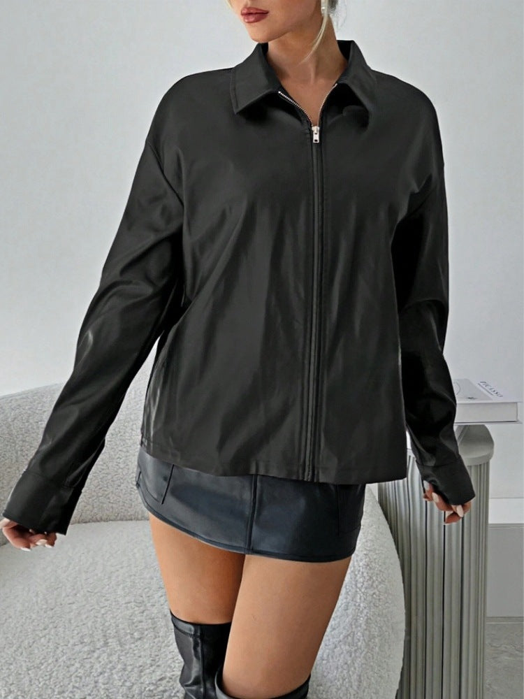 Damen leichtgewichtige Kunstlederjacke mit modernem Reißverschluss R&B