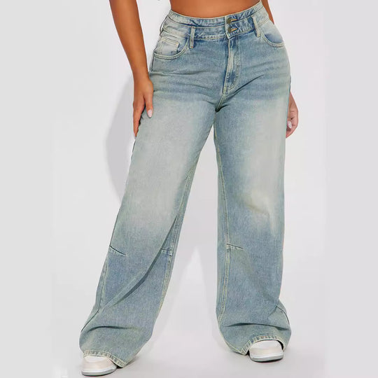 Damen Weit geschnittene Hochbundjeans mit modischem Schnitt und praktischen Taschen R&B