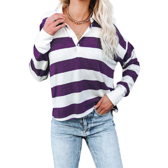 Damen lässiges Langarmshirt mit Streifenmuster und Knopfleiste R&B