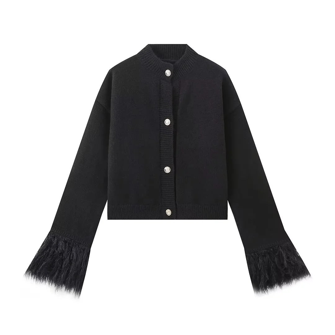 Damen lässige Strickjacke mit dekorativen Fransen und hochwertigen Knöpfen R&B