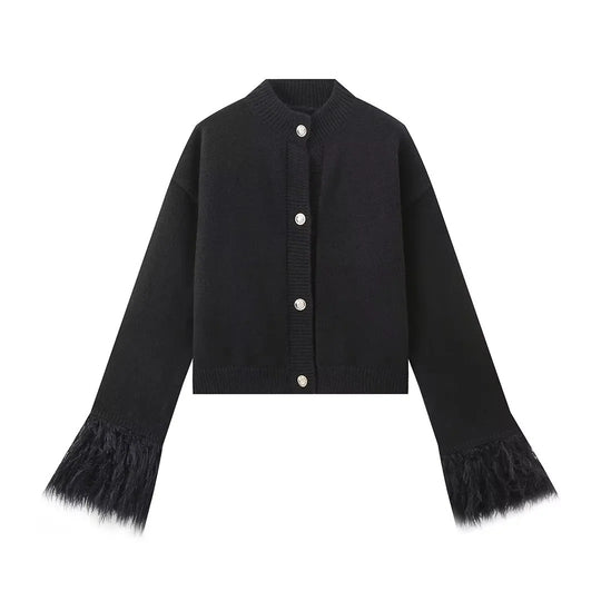 Damen lässige Strickjacke mit dekorativen Fransen und hochwertigen Knöpfen R&B