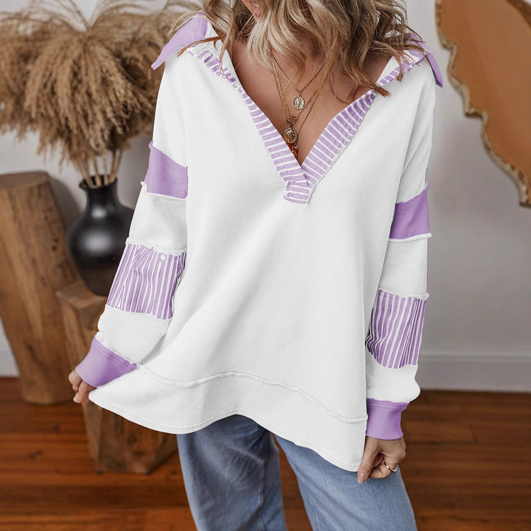 Damen lässiger Pullover mit Hemdkragen und gestreiften Ärmeln R&B