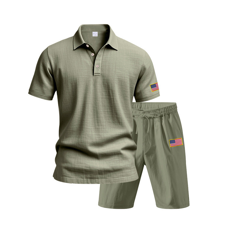 Herren Polo- und Shorts-Set mit gesticktem Länderflaggen-Motiv R&B