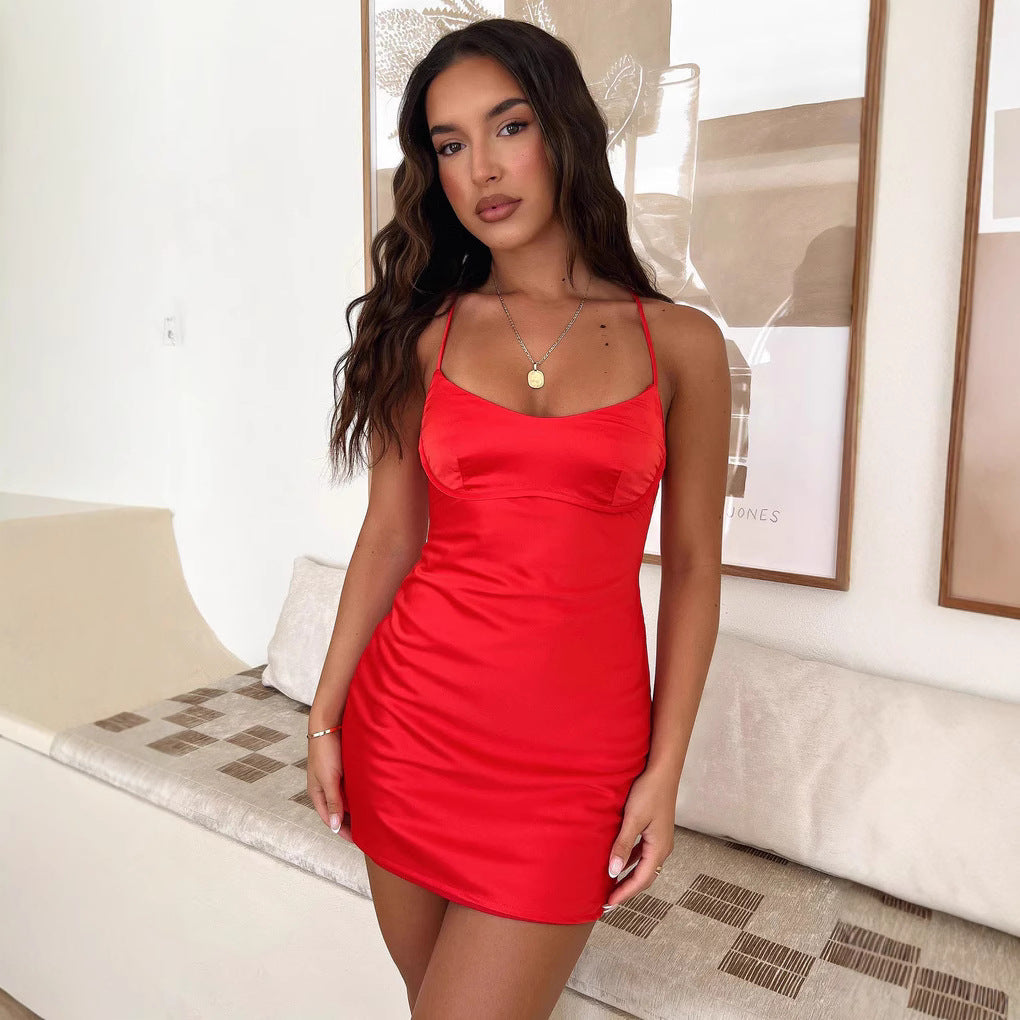 Damen verführerisches Spaghetti-Trägerkleid mit figurbetontem Schnitt R&B