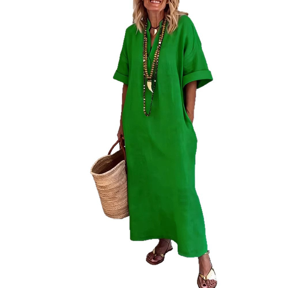 Damen Leinen Maxikleid mit V-Ausschnitt und praktischen Taschen R&B
