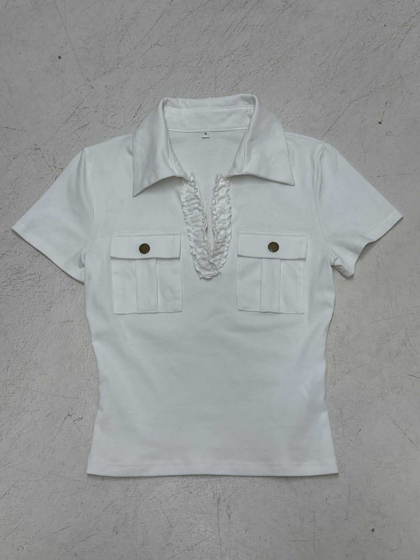 Damen lässiges Polohemd mit dekorativem Kragen und Taschen R&B