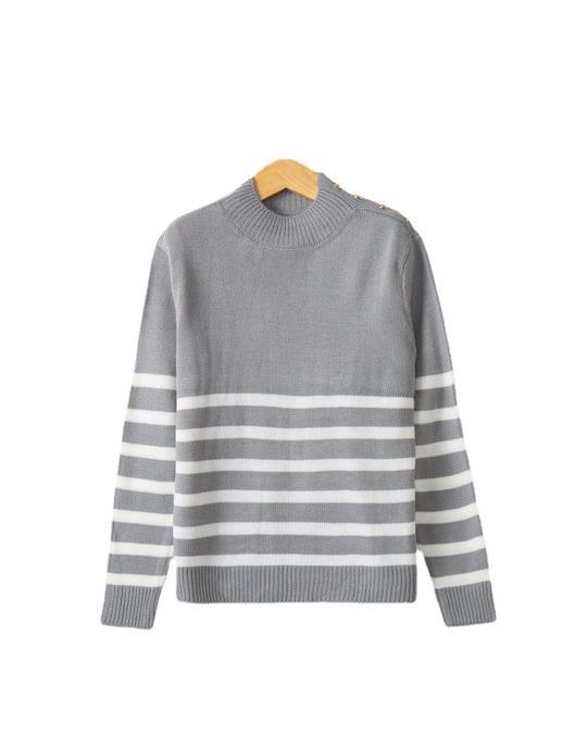 Damen modischer Strickpullover mit Streifenmuster und Knopfdetails R&B