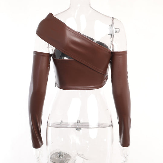 Damen elegantes asymmetrisches Cropped-Oberteil mit langen Ärmeln R&B