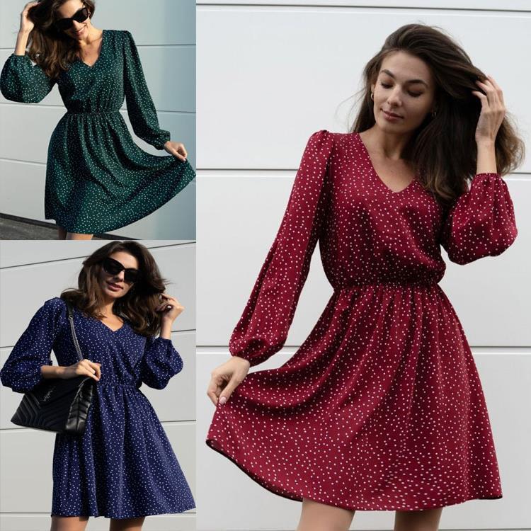 Damen Freizeitkleid mit V-Ausschnitt und Puffärmeln R&B